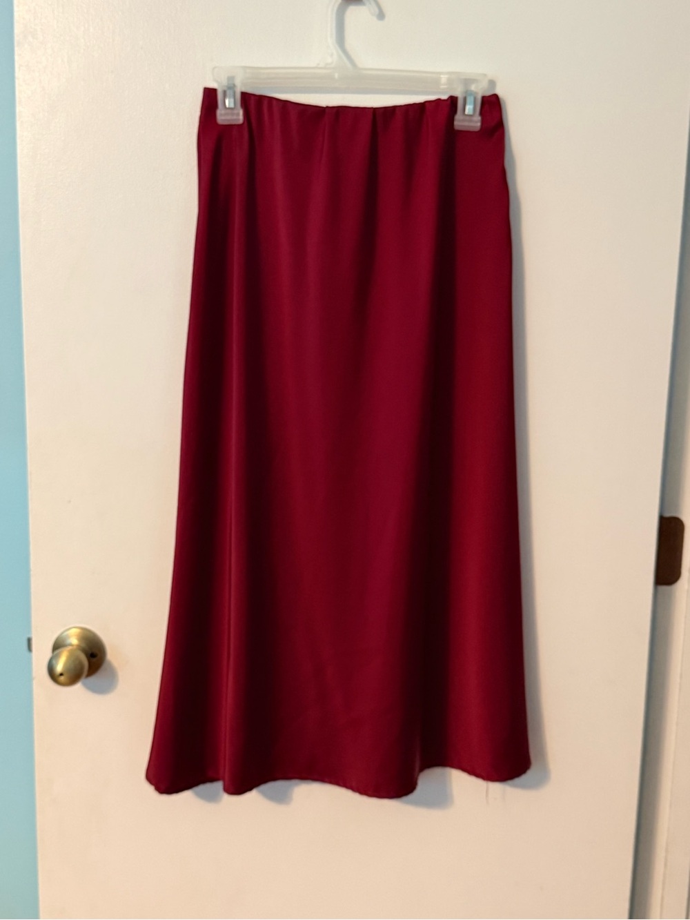 Burgundy Satin Midi Slip Skirt Sz L Elastic Waist Chic Office Holiday Party Wine